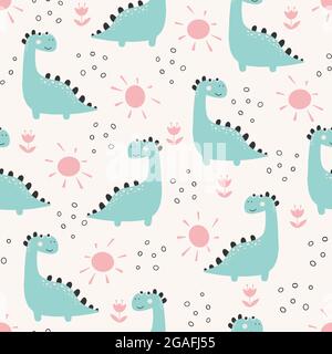 Niedliches Dinosaurier-Muster - handgezeichnetes, kindliches Dinosaurier-Nahtloses Muster-Design Stock Vektor