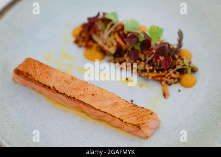 Vorspeise im Restaurant mit Lachs und Salat Stockfoto