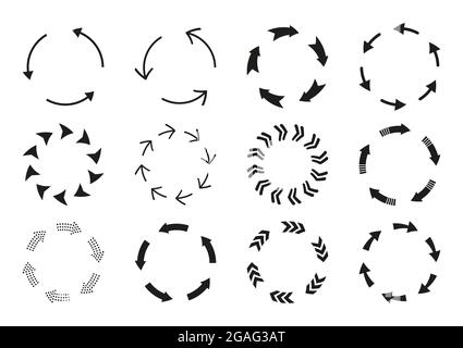 Kreisförmige Pfeile Silhouette schwarze Farbe, verschiedene Dicke. Lade-und Recycling-Symbol. Loop Refresh Reload und Drehzeichen gesetzt. Infografik Design-Elemente, Geschäftsstrategie Statistiken Diagramme Stock Vektor