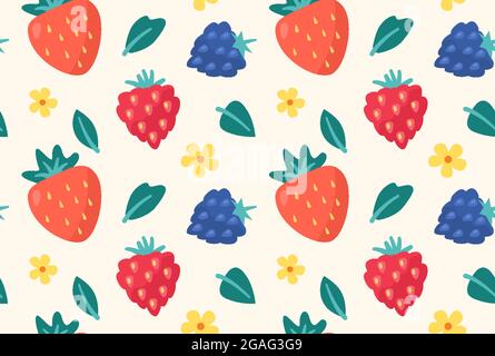 Beeren nahtloses Muster mit reifen Brombeeren, Himbeeren Erdbeeren. Warme, weiche Farben. Für Stoff, Textil, Geschenkpapier, Tapeten. Beerensommer Hintergrund. Design-Fond. Vektorgrafik Stock Vektor