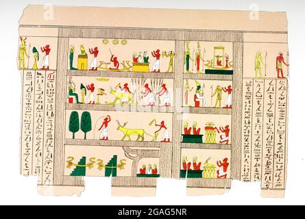 Manuskript über Papyrus in Hieroglyphen. Die Bildunterschrift auf diesem Bild von 1903 lautet: „Manuskript über Papyrus in Hieroglyphen“. Die beiden am häufigsten verwendeten Pigmente auf Papyri sind schwarz und rot. Die schwarze Tinte, die Sie am häufigsten sehen, wird zum Schreiben der Buchstaben der Hieroglyphen oder des hieratischen Textes verwendet und ist fast immer eine kohlenstoffschwarze Tinte. Das Rot wurde oft für Rubriken wie Titel und Überschriften verwendet, um sie vom Rest des Textes zu unterscheiden. Stockfoto