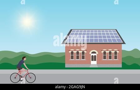 Haus mit Solarpanel. Konzept für erneuerbare Energien Stock Vektor