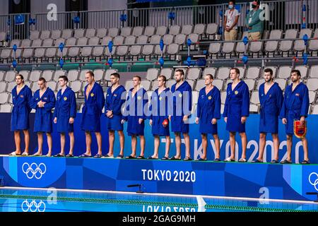 Tokio, Japan. Juli 2021. TOKIO, JAPAN - JULI 31: Petar Tesanovic aus Montenegro, Dusan Banicevic aus Montenegro, Dusan Matkovic aus Montenegro, Aleksandar Ivovic aus Montenegro, Aleksa Ukropina aus Montenegro, Stefan Vidovic aus Montenegro, Vlado Popadic aus Montenegro, Uros Cuckovic aus Montenegro, Marko Petkovic aus Montenegro, Miroslav Perkovic aus Montenegro, Slaven Kandinic aus Montenegro, Drasko Brguljan aus Montenegro während des Olympischen Wasserball-Turniers 2020 in Tokio am 31. Juli 2021 im Tatsumi Waterpolo Center in Tokio (Foto: Mar Stockfoto