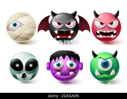 Smileys halloween Emoji Vektor-Set. Smiley Emojis Horror Charakter Icon Kollektion isoliert auf weißem Hintergrund für grafische Design-Elemente. Vektor Stock Vektor