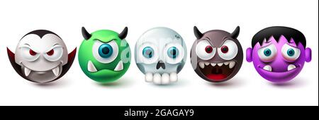 Smileys halloween Vektor-Set. Smiley und Emojis grafische Elemente in gruseligen, Horror und beängstigend Charakter-Sammlung isoliert auf weißem Hintergrund. Vektor Stock Vektor