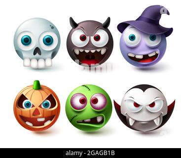 Smileys halloween Emoji Vektor-Set. Smiley Emojis Horror Charakter Maskottchen Kollektion in weißem Hintergrund für grafische Design-Elemente isoliert. Vektor Stock Vektor