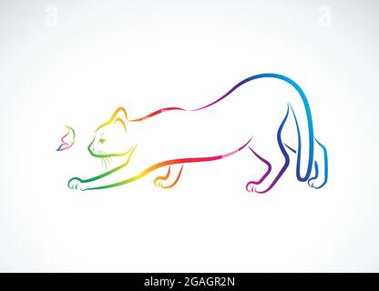 Vektor einer Katze und eines Schmetterlings auf weißem Hintergrund. Haustier. Tiere. Insekt. Leicht editierbare Vektorgrafik mit Ebenen. Stock Vektor