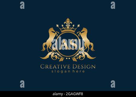 ALS Retro goldenes Wappen mit Kreis und zwei Pferden, Badge-Vorlage mit Rollen und königlicher Krone - perfekt für luxuriöse Branding-Projekte Stock Vektor