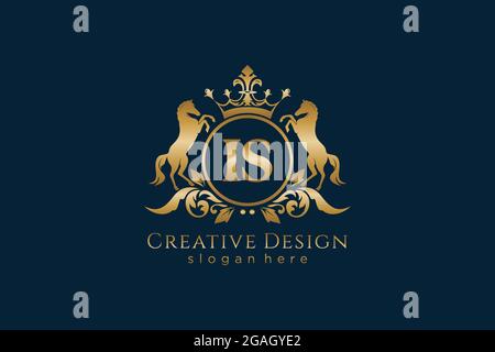 IST Retro goldenes Wappen mit Kreis und zwei Pferden, Badge Vorlage mit Rollen und königliche Krone - perfekt für luxuriöse Branding-Projekte Stock Vektor