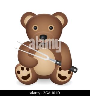 Teddybär mit Schnitzgabel auf weißem Hintergrund. Vektorgrafik. Stockfoto