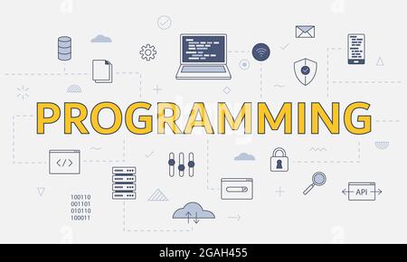 Programmierkonzept mit Symbolsatz mit großem Wort oder Text auf Vektordarstellung in der Mitte Stockfoto