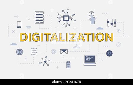 Digitalisierungskonzept mit Icon-Set mit großem Wort oder Text auf Vektordarstellung in der Mitte Stockfoto