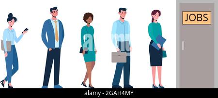 Wettbewerb der Menschen um Arbeitsplätze, Schlange für ein Interview. Arbeitslosigkeit, Krise. Geschäftsleute wollen einen Job bekommen. Vektorgrafik, flach isoliert Stock Vektor