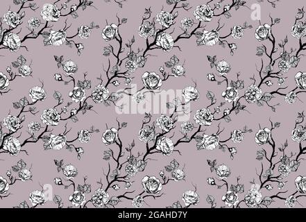 Handgezeichnetes grafisches Blumenmuster mit Rosen und Blatt Stockfoto