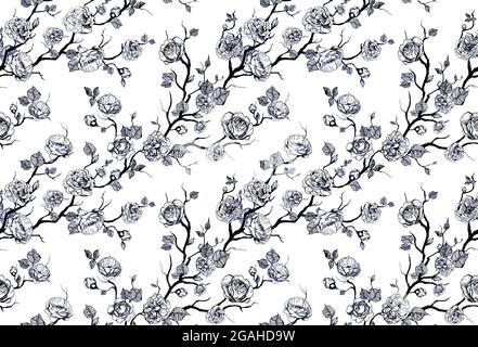 Handgezeichnetes grafisches Blumenmuster mit Rosen und Blatt Stockfoto