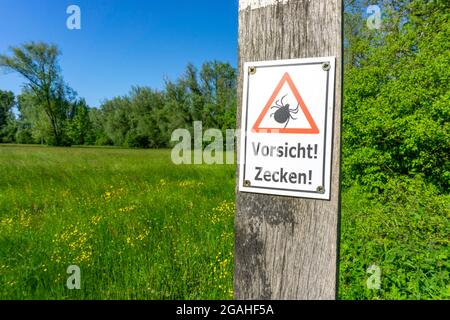 Warnschilder für Zecken, im Naturschutzgebiet Urdenbachen Kämpe, Niederrheinische Kulturlandschaft mit pollard-Weiden, Obstbäumen und feuchten Wiesen, werden Stockfoto