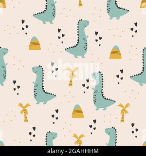 Niedliches Dinosaurier-Muster - handgezeichnetes, kindliches Dinosaurier-Nahtloses Muster-Design Stock Vektor