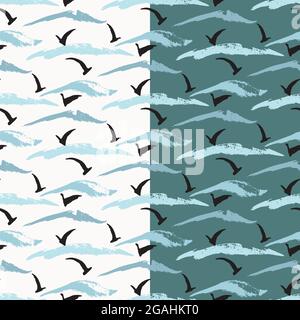 Abstraktes Meer, Vögel grungen nahtloses Muster. Handbemaltes Design, Meerseite, Welle in blauer Marinepalette, schwarze Möwe Silhouette. Weiß, grün einfach Stock Vektor