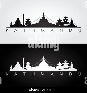 Skyline von Kathmandu und Wahrzeichen Silhouette, Schwarz-Weiß-Design, Vektor-Illustration. Stock Vektor