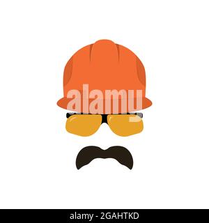 Builder Gesicht mit Brille in einem Bauhelm. Industriearbeiter. Vektorgrafik. Stock Vektor