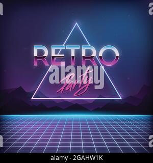 Retro-Party der 1980er Jahre. Digitale Landschaft mit Weltraum, Bergen und Laserraster auf dem Gelände in der Cyber-Welt. Retro futuristischer Hintergrund 80er Jahre Stil. Stock Vektor