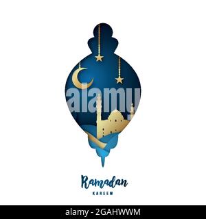 Ramadan Kareem Illustration mit arabischer Gold Origami Moschee in Silhouette Lampe, Halbmond und Sterne. Papierschnitt. Vektorhintergrund. Stock Vektor