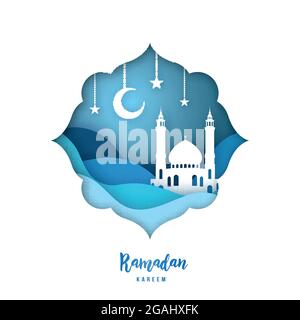 Ramadan Kareem-Illustration mit arabischer Origami-Moschee, Halbmond und Sternen. Papierschnitt. Vektorhintergrund. Stock Vektor