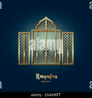 Abbildung des Moscheefensters. Grußkarte mit arabischem Arabesken Muster und Text Ramadan Kareem. Stock Vektor