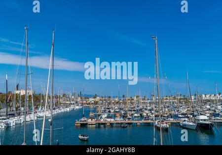 Panoramablick auf den Hafen von Barcelona mit Segelbooten Stockfoto