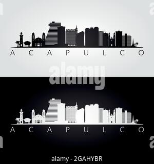 Skyline von Acapulco und Wahrzeichen Silhouette, Schwarz-Weiß-Design, Vektor-Illustration. Stock Vektor