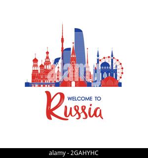 Willkommen bei Russland Grußbanner. Russische Wahrzeichen. Vektorgrafiken im Landschaftsformat Stock Vektor