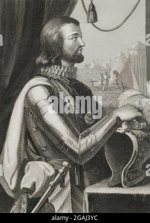 Johannes I. von Kastilien (1358-1390). König von Kastilien von 1379 bis 1390. Hochformat. Stich von Antonio Roca. Las Glorias Nacionales, 1853. Autor: Antonio Roca Sallent (1813-1864). Spanischer Gravierer. Stockfoto