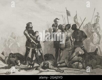 Hundertjähriger Krieg. Schlacht von Aljubarrota (14. August 1385). Konfrontation zwischen portugiesischen und britischen Truppen unter dem Kommando von Johannes I. von Portugal (Johannes von Aviz) und seinem Bestattenden Nuño Alvares Pereira, der die kastilische Armee von Johannes I. von Kastilien besiegte. Stich von Antonio Roca. Las Glorias Nacionales, 1853. Autor: Antonio Roca Sallent (1813-1864). Spanischer Gravierer. Stockfoto