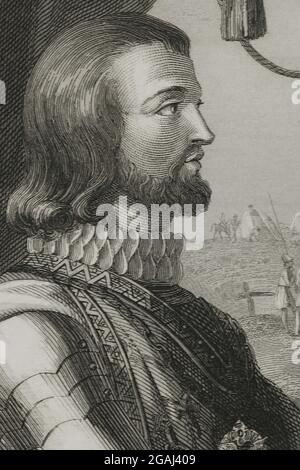 Johannes I. von Kastilien (1358-1390). König von Kastilien von 1379 bis 1390. Porträt, Detail. Stich von Antonio Roca. Las Glorias Nacionales, 1853. Autor: Antonio Roca Sallent (1813-1864). Spanischer Gravierer. Stockfoto