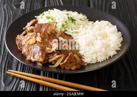 Japanisches Ingwer-Schwein-Shogayaki mit Reisgarnitur und Kraut in der Nähe in der Platte auf dem Tisch. Horizontal Stockfoto