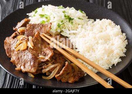 Shogayaki Japanisches Schweinefleisch mit geriebener Ingwer-Sauce mit Reis und Kohl oder Salat in der Nähe auf dem Teller auf dem Tisch. Horizontal Stockfoto