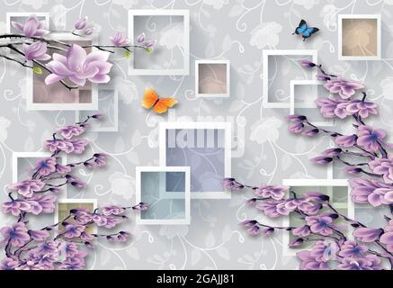 3d Wandbild Moderne Tapete. Lila Rose Blumen mit Quadraten und grauen dekorativen Hintergrund. Moderne Kunst für Wand Stockfoto