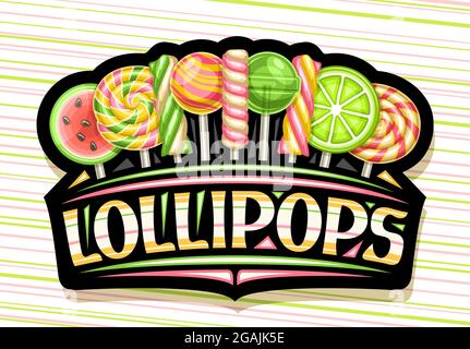 Vektor-Logo für Lollipops, schwarzes Deko-Schild mit verschiedenen grünen und gelben fruchtig-lebhaften Lollipops in einer Reihe, Poster mit einzigartigem Pinselletterin Stock Vektor