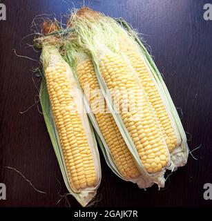 Vier goldene Ähren mit Blättern. Low-Taste. Draufsicht Stockfoto