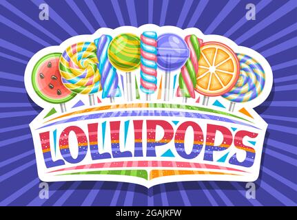 Vektor-Logo für Lollipops, dekorativ geschnittenes Papier-Schild mit variantenreichen, fruchtigen Lollipops in einer Reihe, Poster mit einzigartigem Pinselschriftzug für Wort Stock Vektor