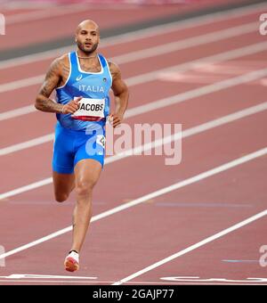 Tokio, Japan. Juli 2021. 31. Juli 2021; Olympiastadion, Tokio, Japan: Tag der Olympischen Sommerspiele 8 in Tokio 2020; Männer mit 100 m Qualifikation als JACOBS Lamont Marcell (ITA) gewinnt die Hitze in einer italienischen Rekordzeit von 9.94 Sekunden Credit: Action Plus Sports Images/Alamy Live News Stockfoto