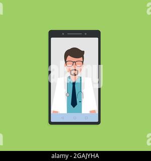 Online-Arztbefragung am Telefon, grüner Hintergrund. Stock-Vektor Stock Vektor