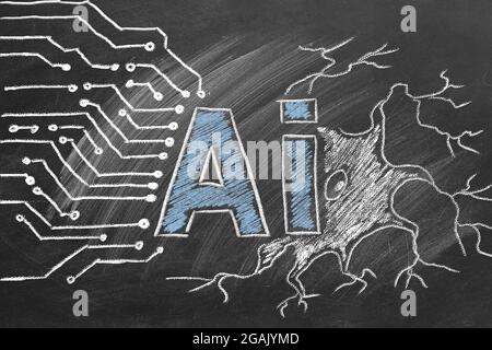 Künstliche Intelligenz. Text AI, Leiterplatte und Neuronhand auf Tafel gezeichnet. Stockfoto