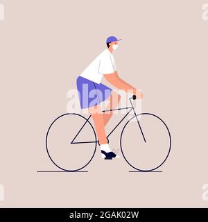 Ein Zeichentrickfilm mit medizinischer Gesichtsmaske fährt ein Fahrrad. Umweltfreundlicher Stadtverkehr. Lebensstil nach der Quarantäne. Vektorgrafik in einem flachen Stil Stock Vektor