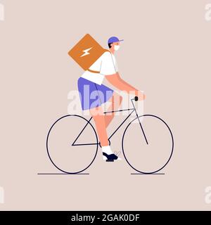 Cartoon-Kurier in einer medizinischen Maske mit einer Schachtel auf dem Rücken fährt ein Fahrrad. Umweltfreundlicher Stadtverkehr. Lebensstil nach der Quarantäne. Vektor Stock Vektor