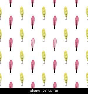 Niedliches nahtloses Muster mit Doodle-Illustrationen von farbigen Bäumen. Zum Bedrucken von Kleidung, Bettwäsche, Geschenkpapier, Tapeten, Verpackungen, Utensilien. Stock Vektor