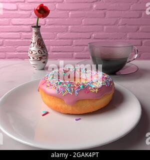 Rosa Puderdonut und eine Tasse Kaffee Stockfoto