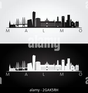 Malmo Skyline und Wahrzeichen Silhouette, schwarz-weißes Design, Vektor-Illustration. Stock Vektor