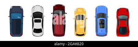 Autos Draufsicht isoliert auf weißem Hintergrund. Stadt Fahrzeug Transport Icons Collection.Urban Verkehr, Automobil Transport.Stock Vektor Illustration Stock Vektor
