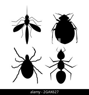 Tick, Ameise, Floh und Moskito schwarz Silhouette isoliert auf weißem Hintergrund. Symbol für gefährliche Insekten. Beetle Piktogramm Kollektion. Vektorgrafik Stock Vektor